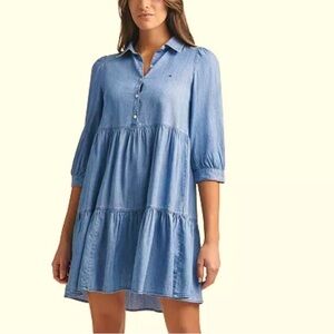 TOMMY HILFIGER Blue Denim Chambray Tiered Classic Preppy Knee Length Dress Sz 10